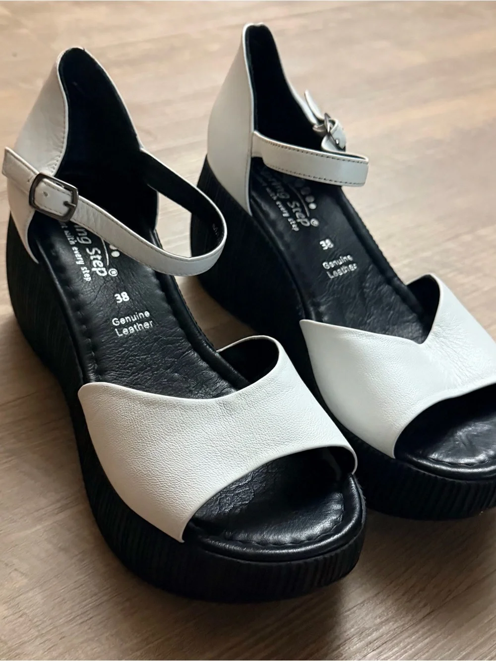 Spring Step White and Black Genuine Leather Chunky Platform Sandals